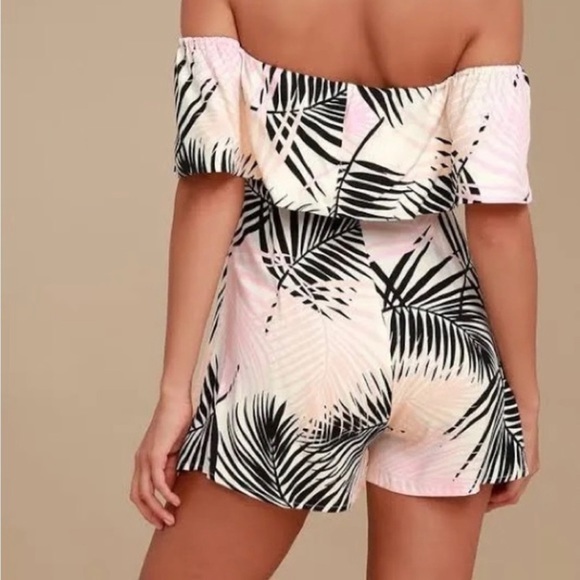 Mink Pink Peach, Pink, Black Palm Print Off Shoulder the Isla Romper - Size M - Picture 7 of 7